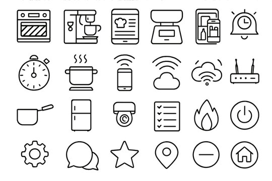 Icons representing smart kitchen technology and cooking tools for modern home chefs in a minimalist style