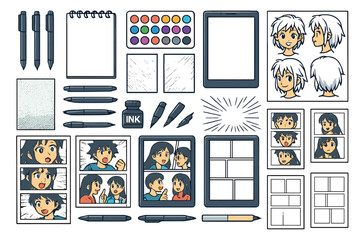Collection of drawing supplies and storyboard templates for creative artists and illustrators in a bright workspace