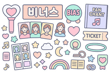 Colorful collection of fan merchandise features images and symbols from a popular music group