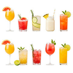Collection of refreshing cocktails with fruit garnish