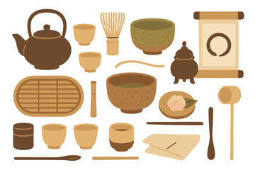 Various traditional tea ceremony utensils and decor in warm brown tones arranged artistically for a cultural display