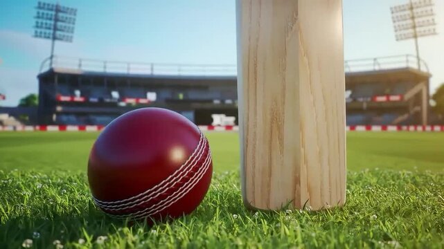 Cricket Ball and Bat on a Grassy Field in a Stadium