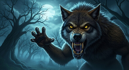 A menacing werewolf with glowing yellow eyes in a dark forest under a full moon illustration art