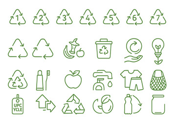 Recycling symbols and eco-friendly icons in green color representing sustainable practices and waste management
