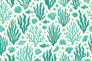 Colorful underwater pattern featuring sea plants and shellfish in various shades of green and teal