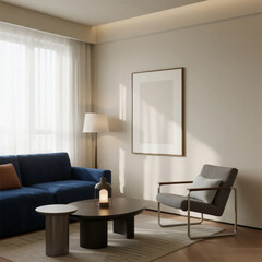 Modern living room with blue sofa and armchair