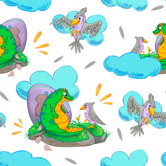 Naklejka premium Seamless pattern with green dragons, grey birds, purple eggs and blue clouds on white background. Watercolor illustration. Suitable for children products, textiles, wrapping paper, posters and book.