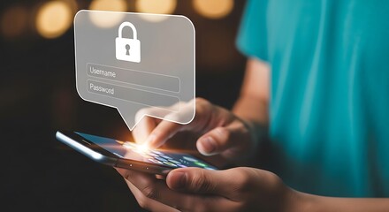 Person holding smartphone with login screen and password protection overlay displayed