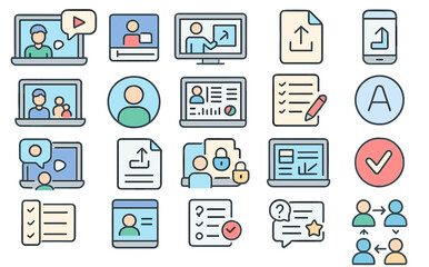 Educational technology icons representing online learning and digital communication tools for students and educators