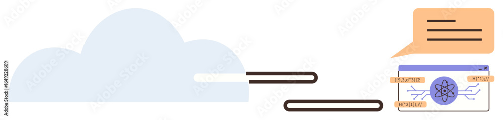 Poster cloud with connective lines, tech interface displaying tools and chat bubble suggesting interaction.