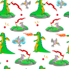 Seamless pattern with green dragons, grey birds, red flags and islands on white. Watercolor illustration. Use for children products, textiles, gift paper, wallpaper, posters and cards and book design.
