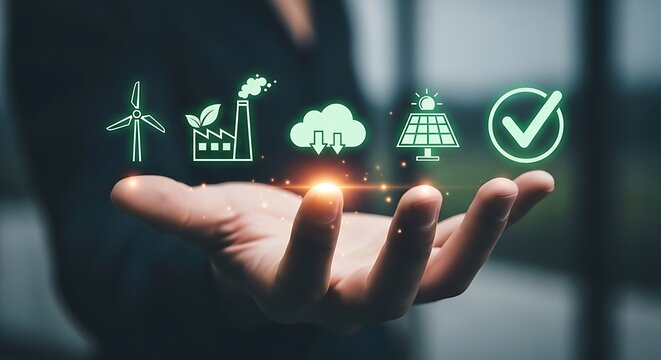 Person holding glowing green icons representing sustainable energy sources and eco friendly technology concepts