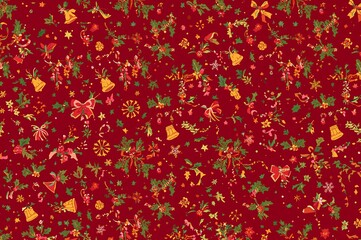 Festive christmas pattern with holly, bells, bows, and snowflakes on a red background for the holidays