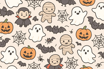 Cute Halloween seamless pattern with cartoon ghosts, mummies, vampires, pumpkins, bats, spiders, and cobwebs on beige background