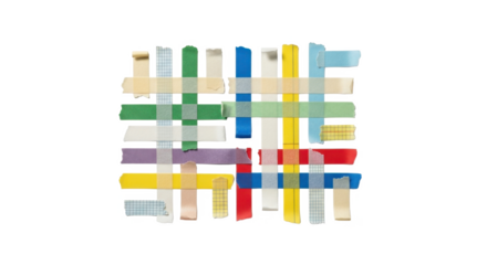 Colorful ribbons arranged in a grid pattern, secured with transparent tape, against a white background.