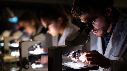 Students conduct lab experiments using microscopes in a modern science classroom during evening hours