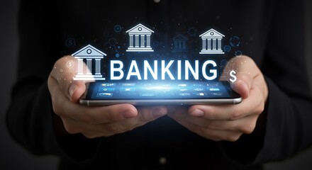 Person holding tablet with digital banking interface and bank icons on screen