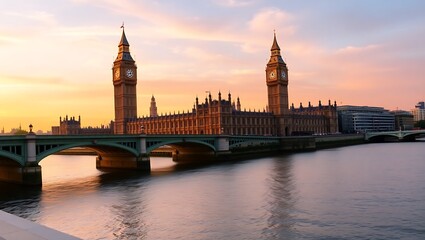 Fototapeta premium View of the houses of parliament and big ben across the thames river at sunset in london, england