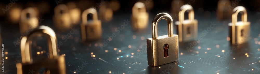 Poster cybersecurity concept visualized with a strong metal padlock securing a sophisticated computer circu