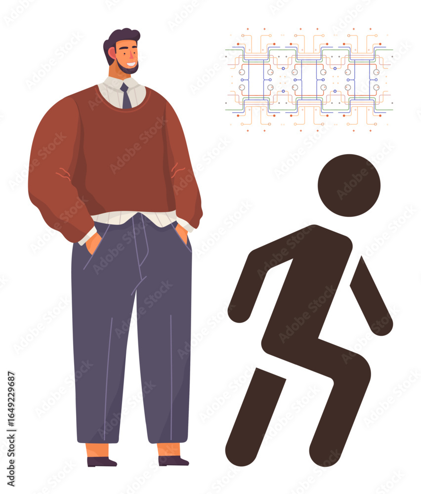 Poster a man in office attire stands beside a symbolic running figure and a network circuit pattern. ideal 