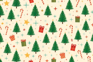 A festive pattern featuring christmas trees gifts candy canes and stars on a cream colored background