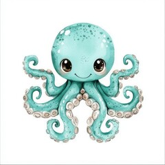 a happy baby kraken clipart, sea monster creature, kawaii style, soft blue tones, isolated on white background