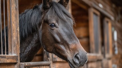 Beautiful black horse looking out from a rustic stable during afternoon sunlight near a countryside