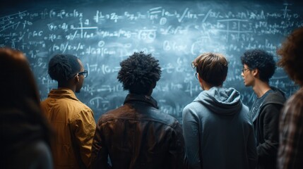 Students engage with complex equations on chalkboard in a vibrant classroom during afternoon study session