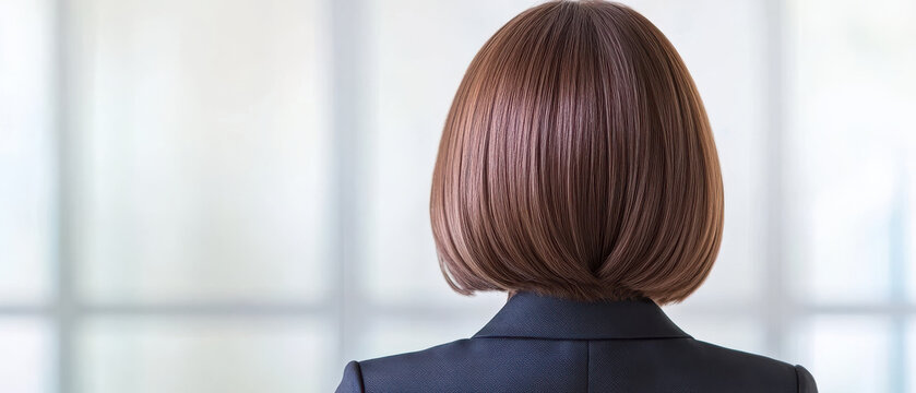 Short brown bob haircut on woman wearing black blazer with blurred window background, stylish and neat hair design