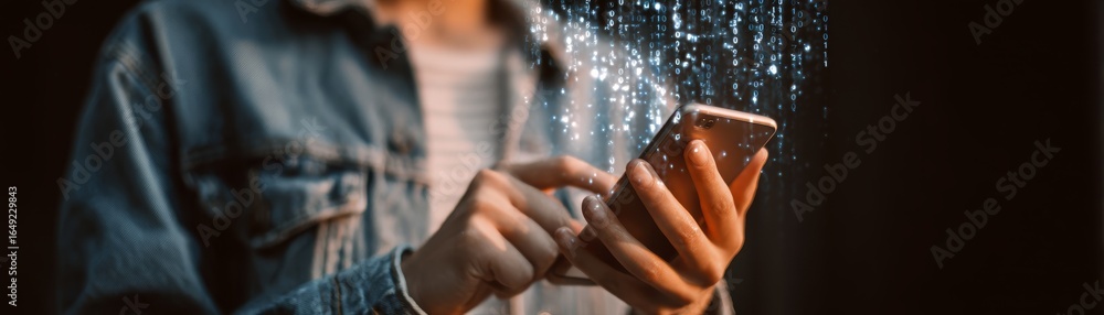 Poster close up perspective of a person's hand holding a modern mobile device with a thumb actively using t