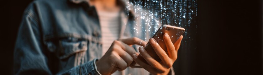 Close up perspective of a person's hand holding a modern mobile device with a thumb actively using the touchscreen for browsing communication or accessing digital information online.