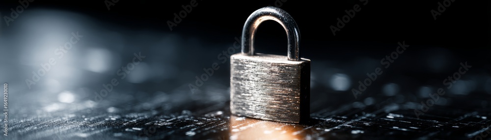 Poster a metallic padlock resting on a computer keyboard symbolizing digital security data protection infor