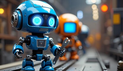 Robotic figures with glowing eyes and tools in an industrial setting