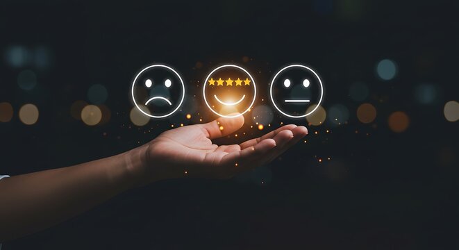 Hand holding glowing emoticon icons representing customer satisfaction and feedback with five star rating