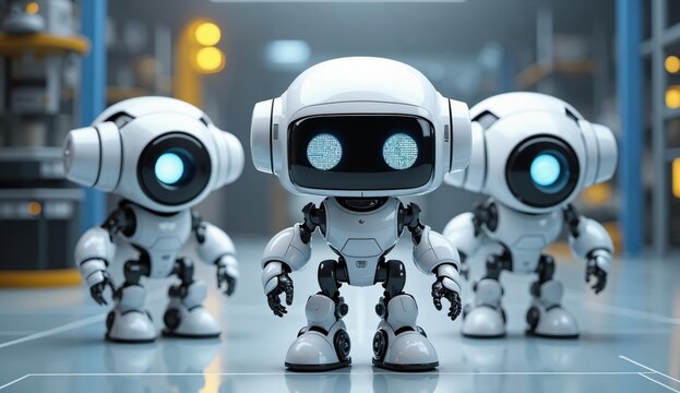 Three identical robots with glowing eyes standing in a futuristic industrial setting
