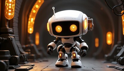 Fototapeta premium A futuristic robot with glowing eyes stands in a warmly lit, industrial corridor.