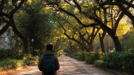 Fototapeta premium Man walks down a quiet path in a lush green park surrounded by trees and shrubs during a serene afternoon