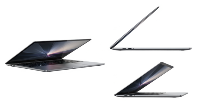 Three different angled views of a modern, sleek, silver laptop computer, isolated on white.