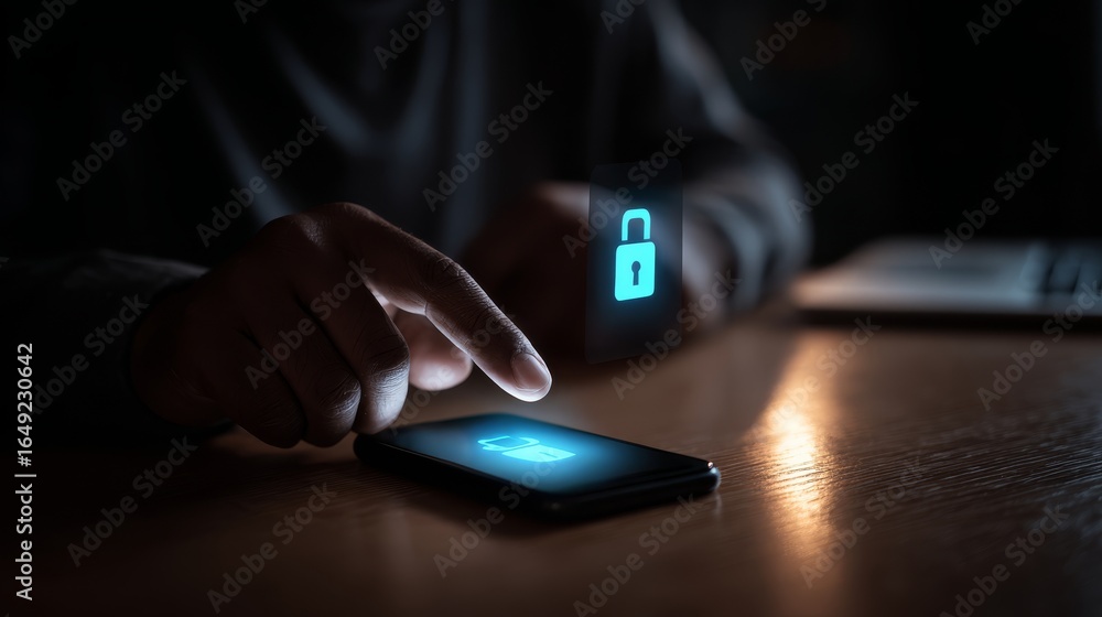 Poster detailed close up of a hand holding a modern smartphone with a glowing digital padlock icon on the s