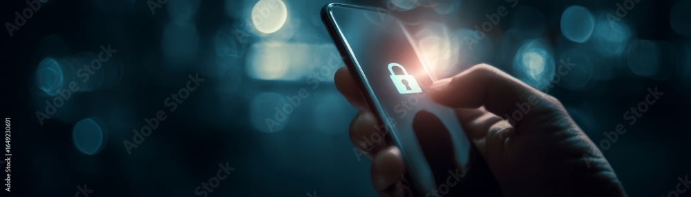 Poster close up of a person's hand holding a modern smartphone scrolling through the screen with their thum