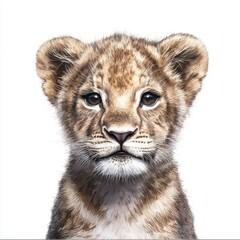 Obraz premium a playful lion cub with a fluffy mane clipart, wild animal character, watercolor style, golden tones, isolated on white background