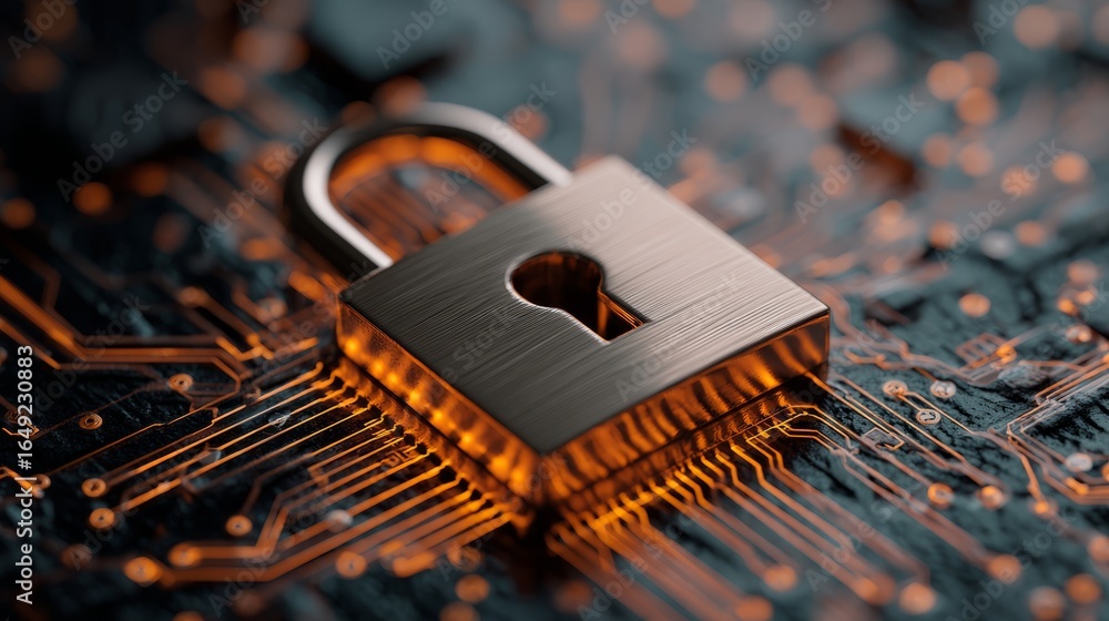 Poster cybersecurity concept showing a closed metal padlock resting on a digital computer circuit board rep