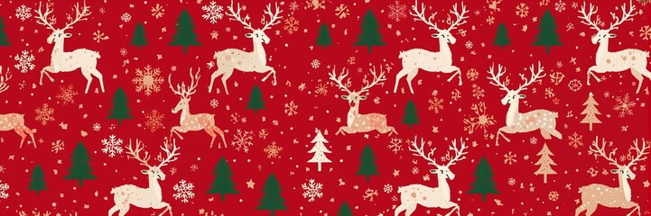 Festive christmas pattern featuring reindeer, snowflakes, and christmas trees on a red background