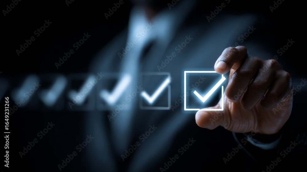 Poster professional businessman in a formal suit making a critical decision by pressing a glowing button wi