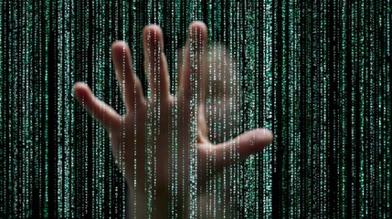 A human hand emerges from a cascade of glowing green binary code symbolizing the deep connection between humanity and the digital world of information data and future technology.
