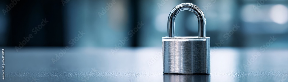 Poster close up macro shot of a solitary metal padlock with a keyhole resting on a rustic wooden table surf