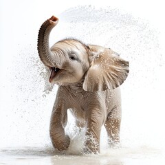 a baby elephant spraying water clipart, exotic wild animal artwork, hand-drawn style, soft grey tones, isolated on white background