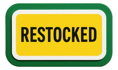 Rectangular sticker with RESTOCKED text in bold, vibrant yellow, eye-catching retail promotion on transparent background.