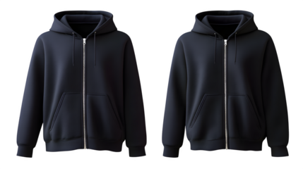 Black hoodie jacket with front zipper, cotton fabric, unisex style, hanging flat, isolated on white background