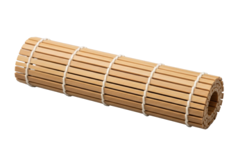 A small, clean, light-brown bamboo rolling mat (makisu) with polished slats and cotton thread, unfurled flat on a seamless transparent background. Minimalist studio product shot